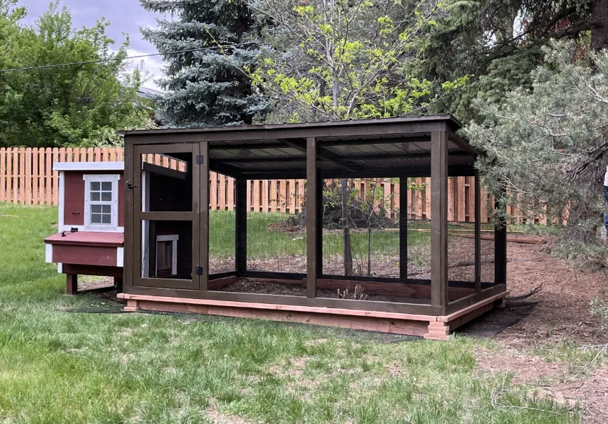 A LuckyBird chicken run with metal roof and PVC-coated welded-wire enclosure